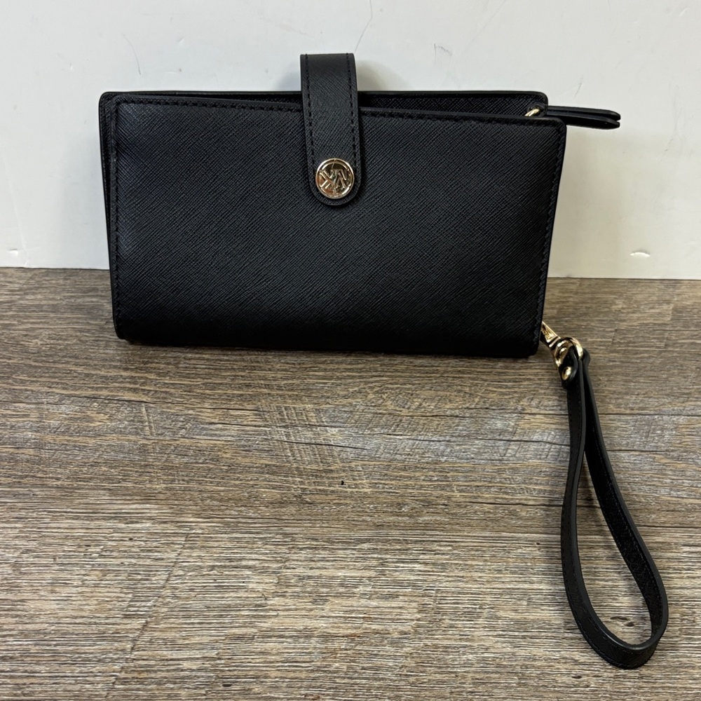 Michael Kors Charm Phone Leather Wristlet – Black Saffiano w/ Gold Hardware